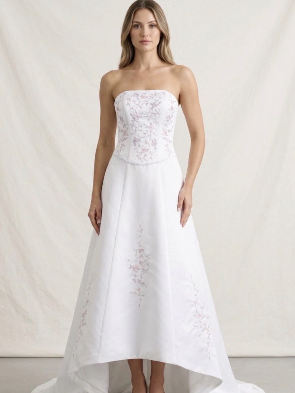 Michaelangelo T8745 White Hi-Lo Satin Beaded Bodice Train Wedding Dress Gown 4